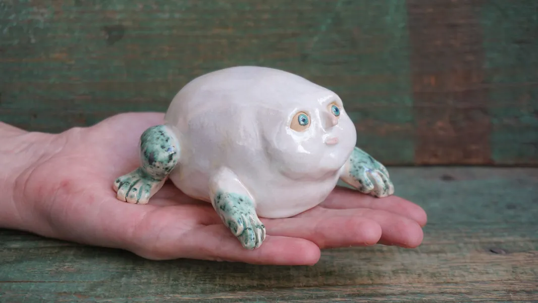 Ceramic Frog Figurine, Ceramic Sculpture Art, Human Face, Cute Frog Statue, Ceramic Animal