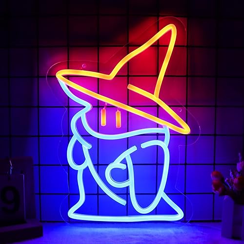 Pinlangdou Black Mage Neon Signs Fantasy Neon Lights Final Fantasy Black Mage Led Light Sign Party Masquerade Christmas Bedroom Bar Living Room Party Man Cave Game Room Party Gamer Decor 14 * 11 Inch - Orange-Black Mage