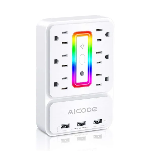 Multi Plug Outlet Extender, 6 Outlet Surge Protector with 3 USB Charger(3.2A Total),Wall Plug Electrical Outlet with 6 Ambient Light RGB, Plug Extender for Home,Office,Dorm,Hotel,ETL Listed - Wall Outlet