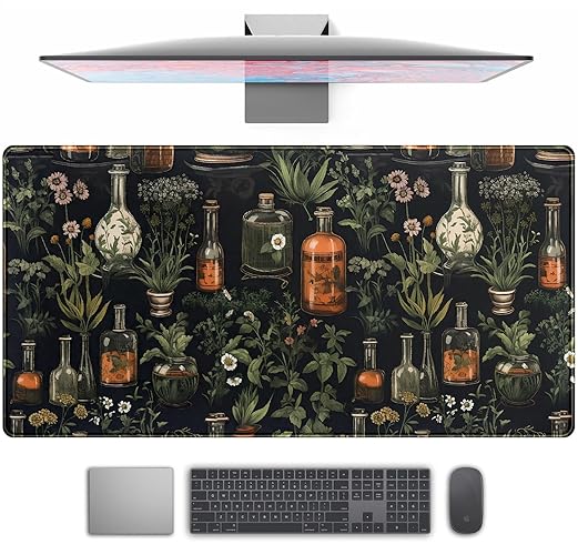 Black Aesthetics Desk Mat Mouse Pad Large Gaming Mouse Pad Desk Pad Mousepad, Mystical Green Plant Computer Laptop Keyboard and Mouse Mat, Desktop Protector Mat for Women Girl Office 31.5x15.8 in - Black Mystical Green Plant - 31.5" x 15.7"