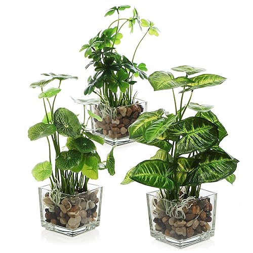 MyGift Set of 3 Artificial Plants, Faux Tabletop Greenery w/Clear Glass Pots - Clear (Earth Tone Pebbles)