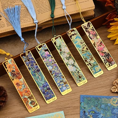 6 Pieces Metal Bookmarks with Tassel, Golden Hollow Bookmark Van Gogh Oil Painting Theme Book Mark Bookmarks for Book Lovers Writers Readers Children Teens Men Women Adults - Bookmarks 6Pcs Flower