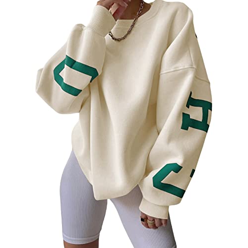 Yassiglia Oversize Pullover Damen Elegant Sweatshirt ohne Kapuze Fleece Oberteile Herbst Winter Verdickt Warm Pulli Y2K Hoodie für Teenager Mädchen - Aprikose - L
