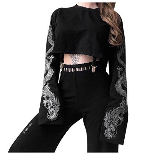 Dasongff Gothic Punk T-Shirt Damen Langarm Rollkragen Crop Tops Basic Shirts Frühling Herbst T-Shirt Bluse Drucken Langarm Bauchfreier Pullover Pulli - L - Schwarz
