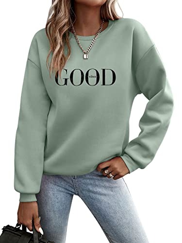 Minetom Pullover Damen Sweatshirt Briefe Drucken Langarm Rundhals Pulli Herbst Winter Frauen Buchstaben Druck Locker Casual Oberteil Sport Streetwear Sweatshirts ohne Kapuze Bluse Tops - L - A Grün