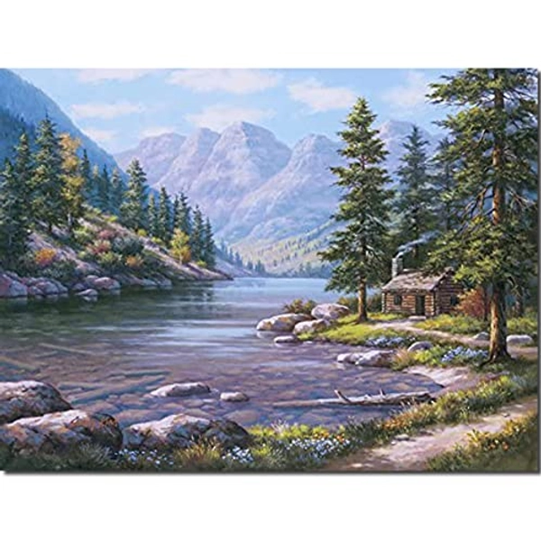 Fuumuui Malen Nach Zahlen Erwachsene und Kinder Anfänger Gemälde inklusive Pinsel und Acrylfarben 40 x 50 cm - Landschaft, Hütte am Fluss