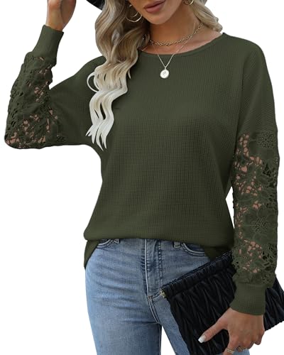 Hount Damen Spitze Bluse U-Boot Ausschnitt Pullover Langarmshirt Elegant Oberteile Tunika - L - Grün