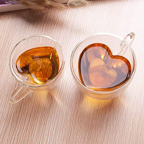 Azoepart Heart Shaped Glass Coffee Cup, Double Wall Glass Coffee Mugs, Cappuccino Latte Glass Tea Cups Coffee Cups Mugs with Handle , Clear Borosilicate Insulated Glass Mug for Milk Juice Ice Cream - 240ml