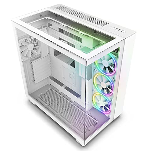 NZXT H9 Elite Dual-Chamber ATX Mid-Tower PC Gaming Case – Includes 3 x 120mm F120 RGB Duo Fans with Controller– Glass Front, Top & Side Panels – 360mm Radiator Support – Cable Management – White - White - H9 Elite - Case