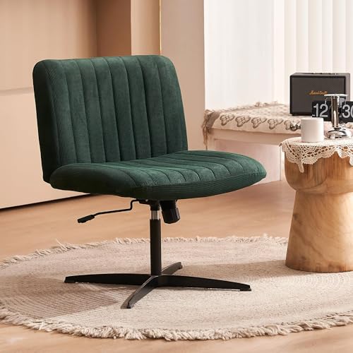 HoeuThien Armless Desk Chair No Wheels Wide Velvet Upholstered Office Chair Swivel Criss Cross Legs Large Seat Adjustable Height Accent Chair for Adults Dark Green - Dark Green - Modern