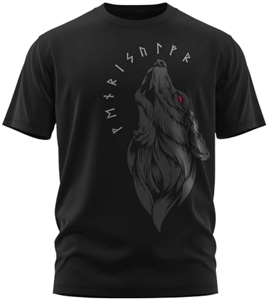 North Wikinger Herren T-Shirt - Fenriswolf 1.0 - Walhalla Wolf - Viking Runen Aufdruck - Valhalla Shirt Schwarz - nordische Mythologie Odin Thor