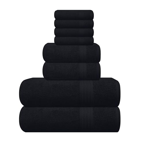 GLAMBURG Ultra Soft 8-Piece Towel Set - 100% Pure Ringspun Cotton, Contains 2 Oversized Bath Towels 27x54, 2 Hand Towels 16x28, 4 Wash Cloths 13x13 - Ideal for Everyday use, Hotel & Spa - Black - Black