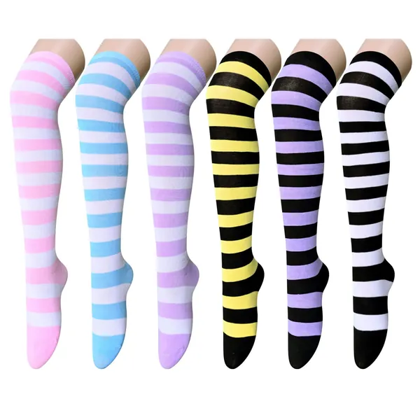 SOCKFUN 6 Pairs Women's Striped Knee High Socks,Thigh High Socks, Striped Stockings, Cute Long Socks