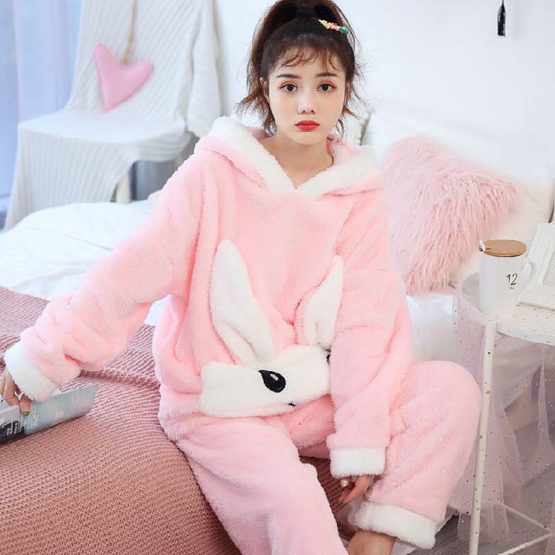 Cute Bunny Ear Bear Hooded Pajamas Set 