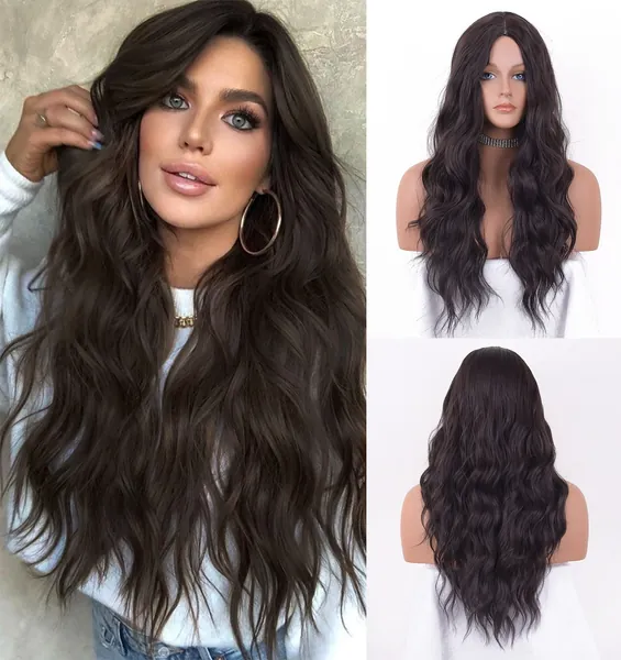 LEMEIZ Blackish Brown Wigs for Women Loose Curly Dark Brown Wigs 22 inch Natural Looking Synthetic Brown Hair Wig with Middle Part LEMEIZ-119