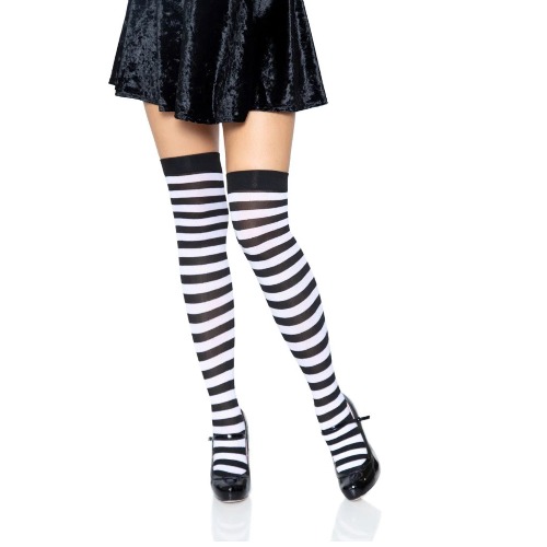 Thin Striped Patterned Socks (Thigh High) - White and Black