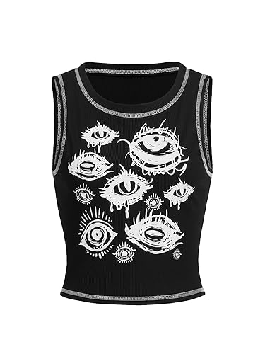 SOLY HUX Women's Y2k Goth Eye Print Crop Tank Top Round Neck Sleeveless Summer Tops - Medium - Black Print