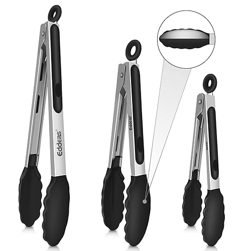 Eddeas Kitchen Tongs with Silicone Tips, Tongs for Cooking Heat Resistant 600 Degrees Stainless Steel Locking Tongs - 7" 9" & 12 inch Silicone Tongs Non-Stick, Black Set of 3 - 7+9+12 inch - Black 3Pcs
