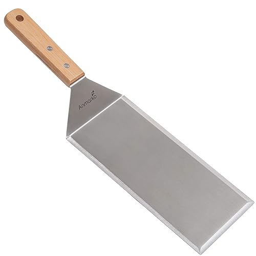 Stainless Steel Metal Griddle 4 x 8 inch Spatula - Spatula Hamburger Turner Scraper - Pancake Flipper - Great for BBQ Grill and Flat Top Griddle - Commercial Grade - Wooden handle turner