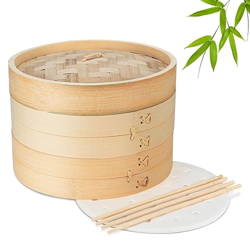 Flexzion Bamboo Steamer Basket Set (10 inch), 50 x Steamer Liners and 2 Pairs of Chopsticks, Steam Baskets for DimSum Dumplings, Rice, Vegetables, Fish and Meat - 10 Inch