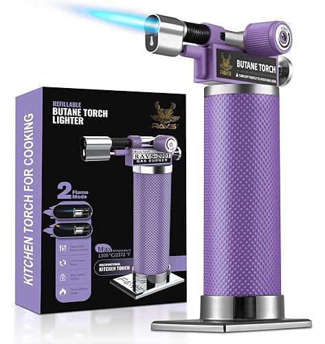 RAVS Butane Torch, 2 Flame Mode Soldering Torches, Kitchen Torch with Adjustable Flame, Industrial Soldering Torch for DIY, Brazing, Welding, Resin Art, Purple Mini Torch, Butane not Include - RBT018P
