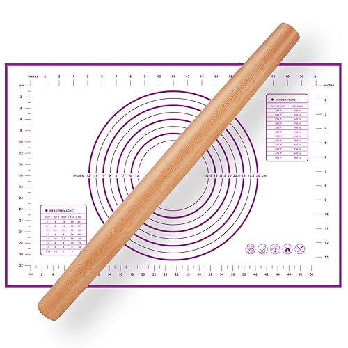 QUELLANCE 16 Inch Wood Rolling Pin for Baking, Wooden French Dough Roller with Purple Silicone Pastry Mat, Beech Wood Rolling Pins for Baking Dough, Pizza, Pie, Pastries, Pasta and Cookies - Purple