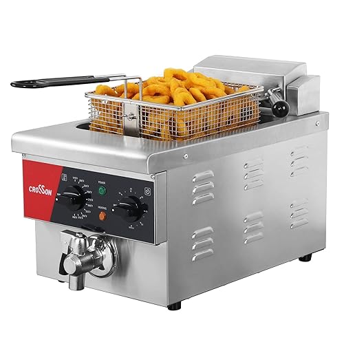 CROSSON 6L Electric Countertop Deep Fryer Extra Large with Drain,Timer,Basket and Lid for Restaurant Use 120V,1800W Commercial Deep Fryers - Single Tank,6L