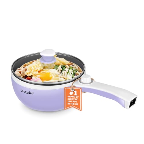 Dezin Hot Pot Electric Upgraded, Non-Stick Sauté Pan, Rapid Noodles Electric Pot, 1.5L Mini Portable Hot Pot for Steak, Egg, Fried Rice, Ramen, Oatmeal, Soup with Power Adjustment(Egg Rack Included) - Purple