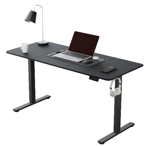 ERGOMAKER Electric Standing Desk 140x60cm (55.1"x23.6"), Height Adjustable Standing Desk with Splice Board, Stand Up Desk with Backpack Hook and Memory Smart Handset(Black Frame + Black Desktop) - 140*60cm - Black Frame + Black Desktop