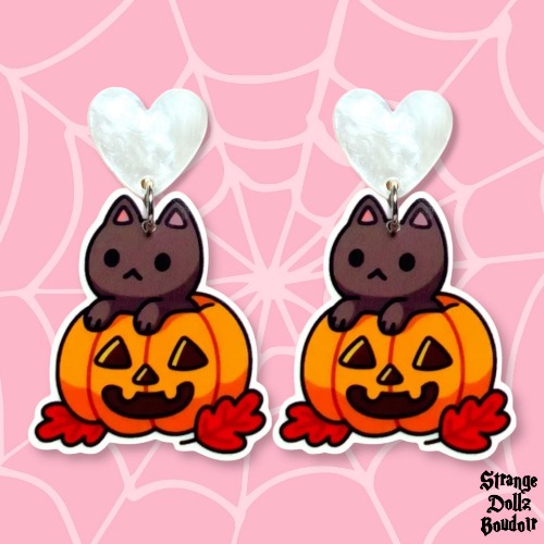 Cute cat and pumpkin earrings, 925 sterling silver, Halloween, Cute pastel, Strange Dollz Boudoir