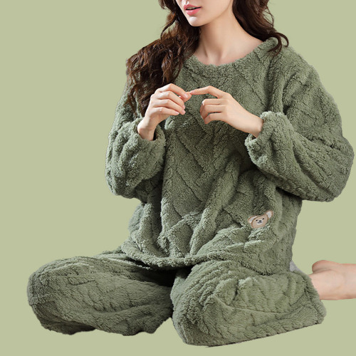 Coral Fleece Cable Knit Pyjamas | Moss Green / L | EU 38