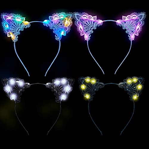 Juexica 4 Pcs Lace Light up Cat Ears Headband LED Lace Cat Ears Headband Hair Accessories for Women Girls Christmas Fancy Dress Cosplay Party Favors