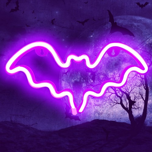 BerniceKelly Halloween Bat Neon Sign, Halloween Decoration LED Bat Neon Light Sign for Wall Decor, Bat Shape Lamp with Battery or USB Powered for Halloween Party,Bar,Room Décor,Kids Gift (Purple)