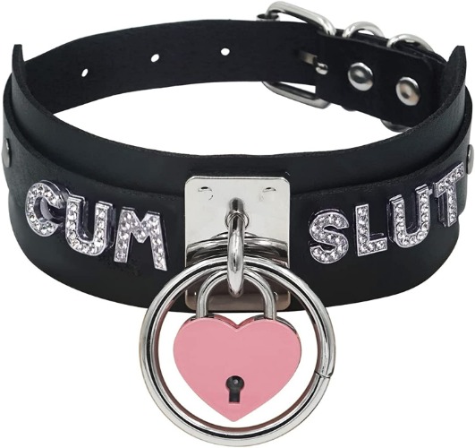 paloli Black Heart Padlock O-ring Choker Necklace for Women, Punk Gothic Letter Leather Collar Pink padlock Cosplay Jewelries - BLACK CUM