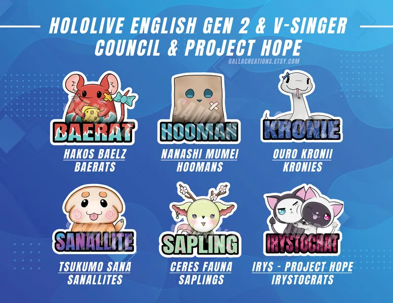 Hololive EN 2nd Gen Council & Project Hope 2" Vinyl Weatherproof Stickers
