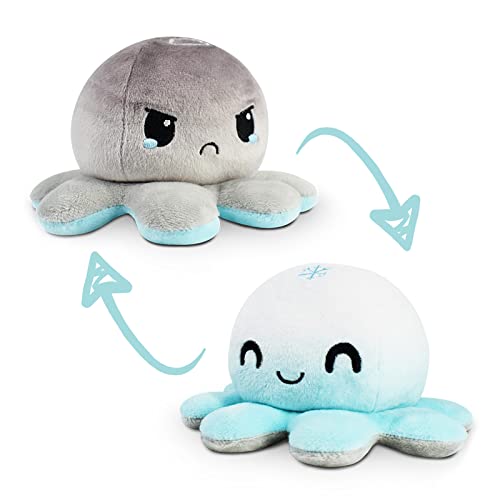 TeeTurtle | Reversible Octopus Plushie | Light Blue Snowflake + Gray Cloud | Happy + Angry | Show Your Mood Without Saying a Word! - Snowflake + Cloud Plushie