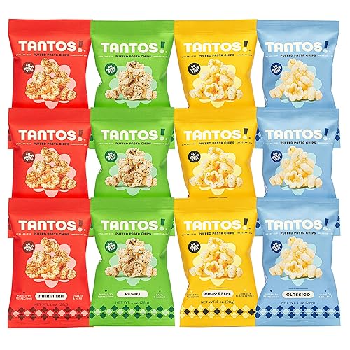 Tantos! Puffed Pasta Chips - Delicious and Bold Flavored Puffed Snack - Created by Top Chef Star Joe Sasto - 1 oz Variety Pack - Classico, Marinara, Pesto, Cacio e Pepe - 12 Pack (3 of Each Flavor) - Variety - 1 Ounce (Pack of 12)