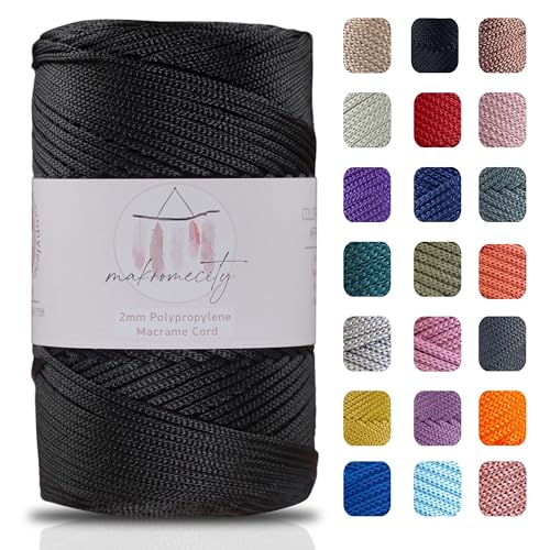 Makromecity, Polyester Macrame Cord 2mm x 250 Yards (750 feet) 2mm Polypropylene Black Macrame Cord for Macrame Art & Crafts for Wall Hangings, Bags, Underplate, Rug (29 Colors Available) - Black - 1 Skein