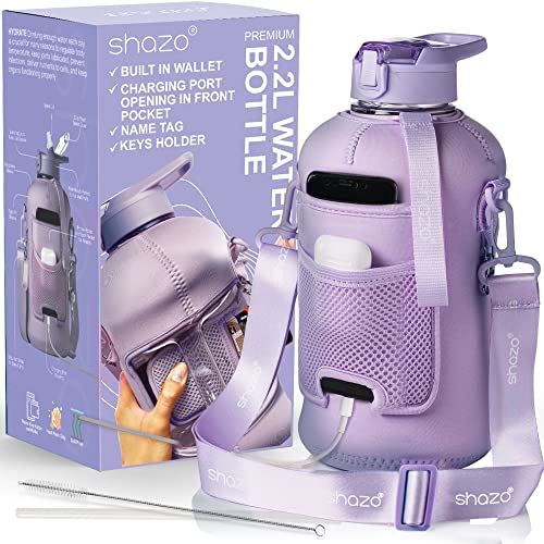 Half Gallon 2.2L Water Bottle With Straw 74oz Large Gym Water Bottle With Storage Sleeve, Bottle Brush, BuiltIn Wallet, Pockets for Phone & AirPod, BPA Free Big Sports Water Jug w/Carry Handle, Purple - 2.2L Bottle - Light Purple