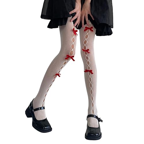 SOLILOQUY Women's Lolita Pattern Tights Kawaii Velvet Bowtie Fishnet Stockings Leggings Mesh Pantyhose Hollow Out lace Socks - One Size - White