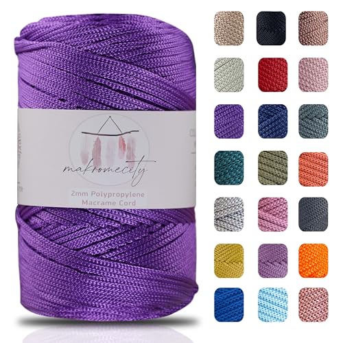 Makromecity, Polyester Macrame Cord (2 mm x 750 feet) 2mm Polypropylene Lilac Macrame Cord Crochet Macrame Bag Cord Crafts for Wall Hangings, Bags, Underplate, Rug (25 Colors Available) - Lilac - 1 Skein