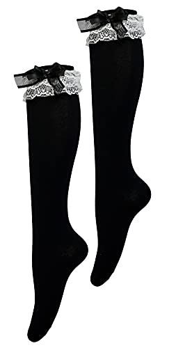 CAT KO Women Soft Knee High Socks Lovely&Cute Solid color Lace Ruffle Bow Girls socks for Lolita - One Size - Black
