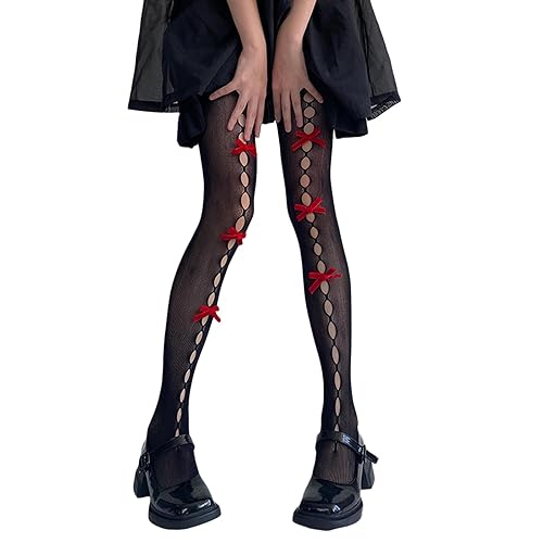 SOLILOQUY Women's Lolita Pattern Tights Kawaii Velvet Bowtie Fishnet Stockings Leggings Mesh Pantyhose Hollow Out lace Socks - One Size - Black