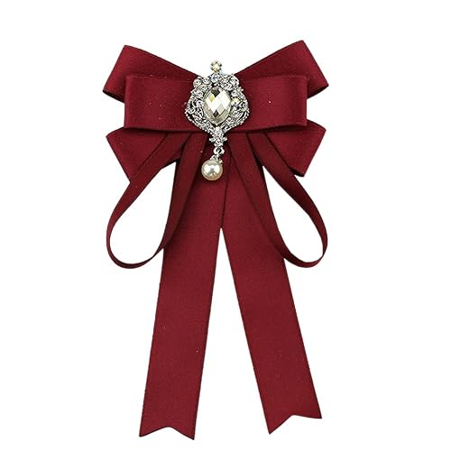 JKQBUX Bowknot Rhinestone Ribbon Bow Brooch Pre-Tied Bow tie for Women Neck Tie Wedding Party Christmas Gifts Ceremony - Dark Red