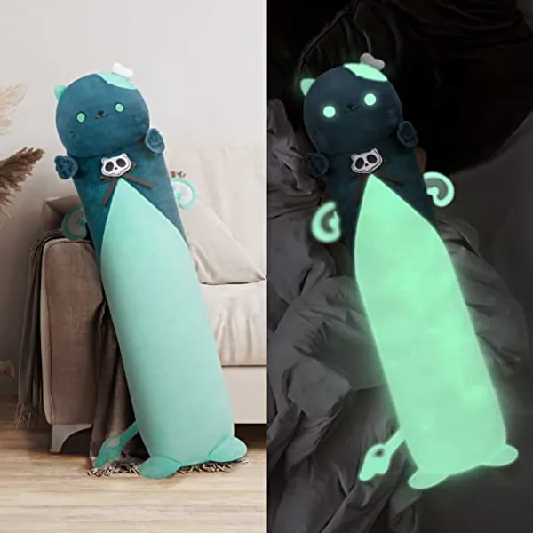 Mewaii Long Cat Plush Body Pillow, 28” Luminous Light Up Cat Stuffed Animals Kawaii Night Light Plushies Kitten Plush Glow in The Dark Gift for Girls Boys
