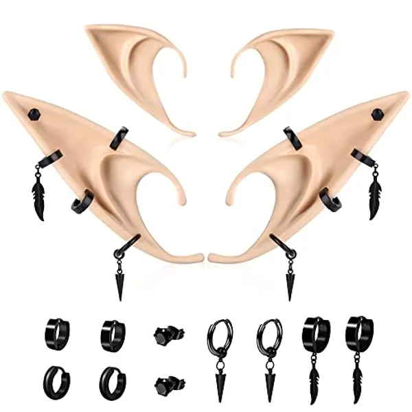 FRESHME Long and Short Elf Ears with Pierced Earrings Set - Elf Soft-Pointed Ears and Dark Punk Earrings Hoop Chain Earrings for Women Girls Halloween Renaissance Elf Cosplay Accessories Props