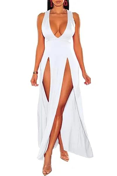 Velius Women Sexy Hollow Out Halter Wrap Sleeveless Plain Pleated Slit Casual Long Maxi Dress