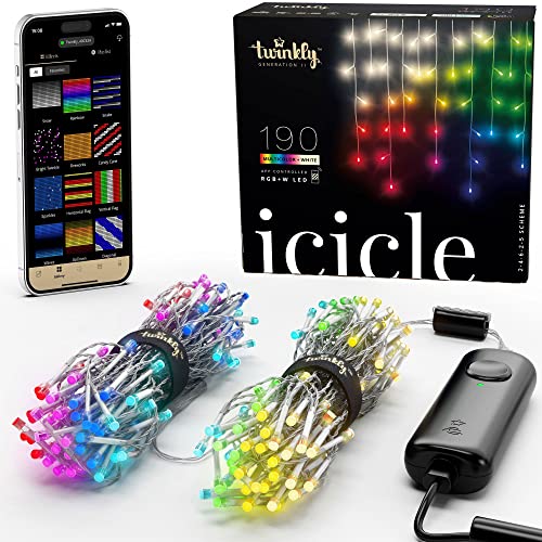 Twinkly Icicle – App-Controlled LED Christmas Lights with 190 RGB+W (16 Million Colors + Pure Warm White) LEDs. Clear Wire. Indoor and Outdoor Smart Lighting Decoration - 5 meters - Multicolored