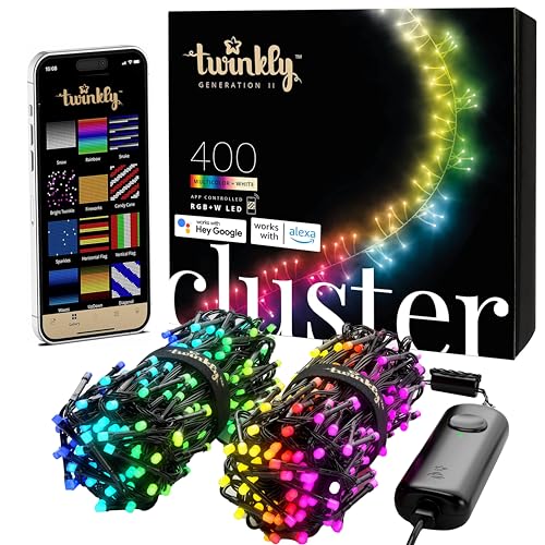Twinkly Cluster – App-Controlled LED Cluster Lights String with 400 RGB+W (16 Million Colors + Pure Warm White) LEDs. 19.7 feet. Green Wire. Indoor and Outdoor Smart Lighting Decoration - Multicolor + Pure Warm White