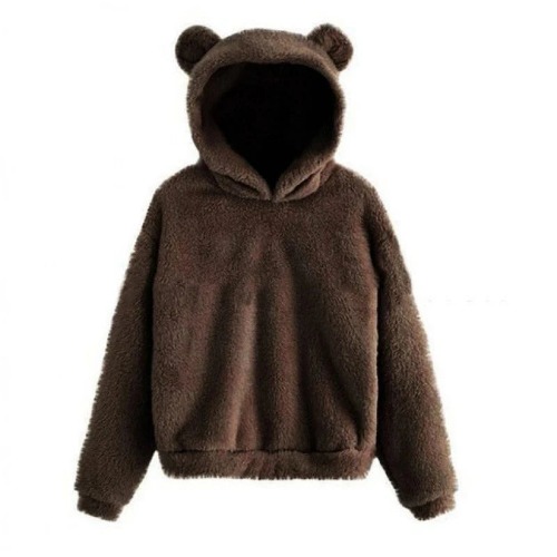 Oversized Fuzzy Bear Ears Hoodie | Brown / XL